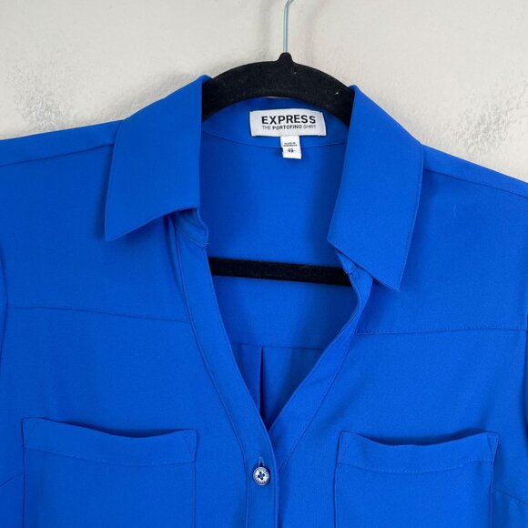 Express Portofino Shirt Womens XS Royal Blue Button Up Roll Tab Sleeve Blouse - Picture 2 of 7